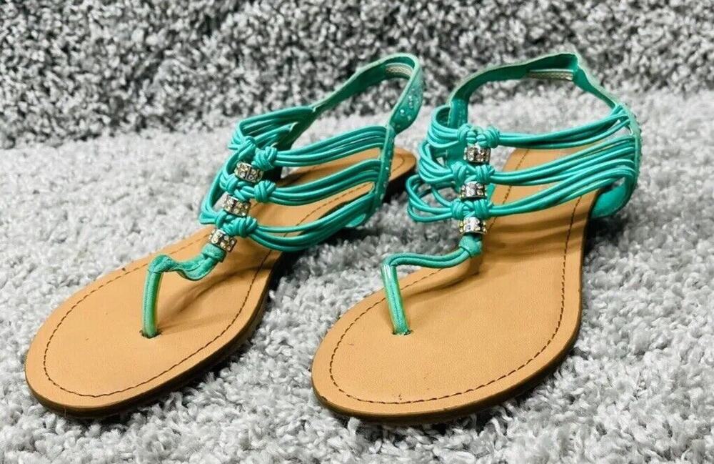 Women's Madden Beaded Strappy Flat Sandals Thrill Blue Brown Size 7M Shoes